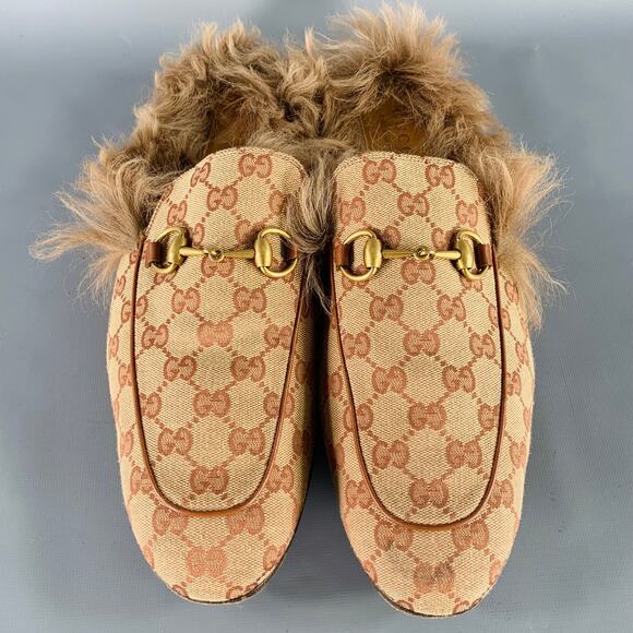 GUCCI Size 11.5 Guccissima Beige Rust Monogram Canvas Slip-On Loafers - Picture 4 of 8